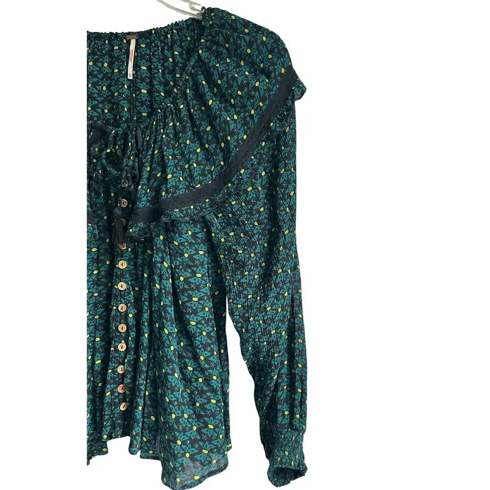 Free People Small Petite Oversized Collar‎ Green Floral Print Button Up Blouse